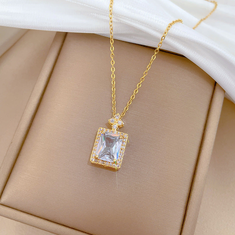Sweet Full Cubic Zirconia Square Geometric Titanium Steel Necklace for Unisex
