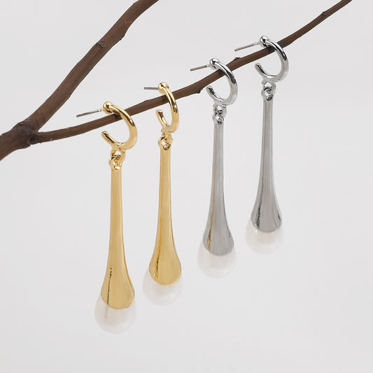 Pendientes de gota de perla geométrica de moda en aleación con líneas inspiradas en pedrería y acabado chapado para mujer