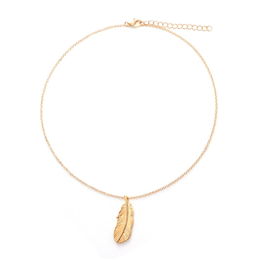 Minimalist Alloy Feather Pendant Necklace for Women with Plated Finish and Cross Chain