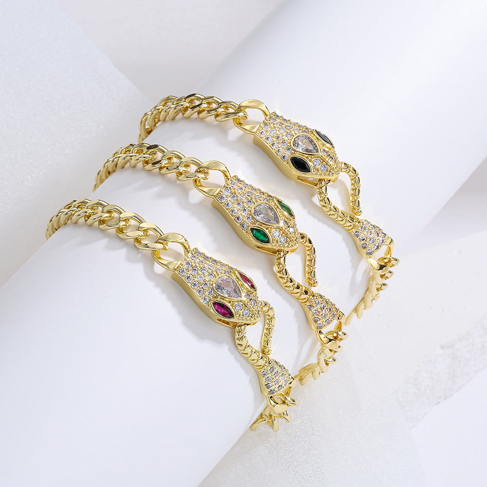 INS Style Geometric Snake Shape Copper Bracelet with 18K Gold Plating and Zircon for Women