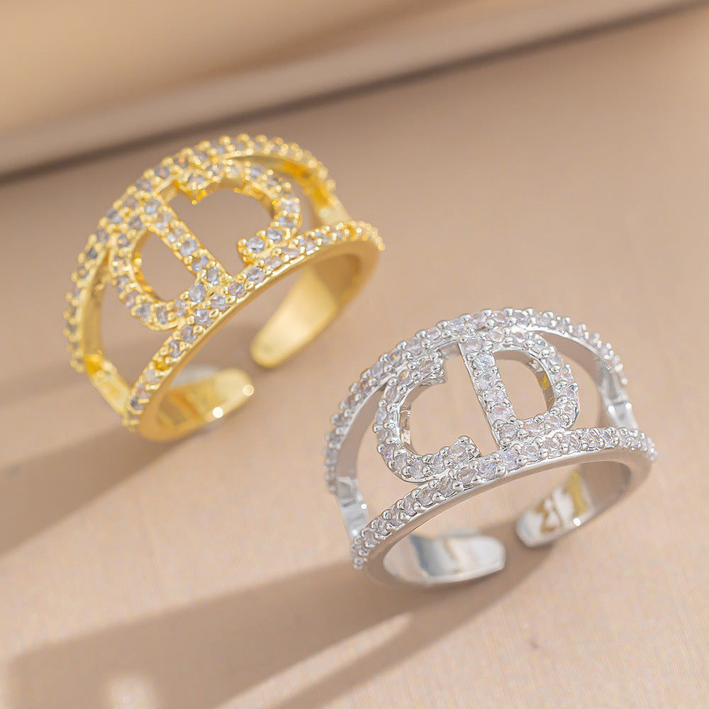 Fashionable Minimalist Geometric Open Adjustable Ring for Women with Cubic Zirconia Inlay on Gold-Plated Brass