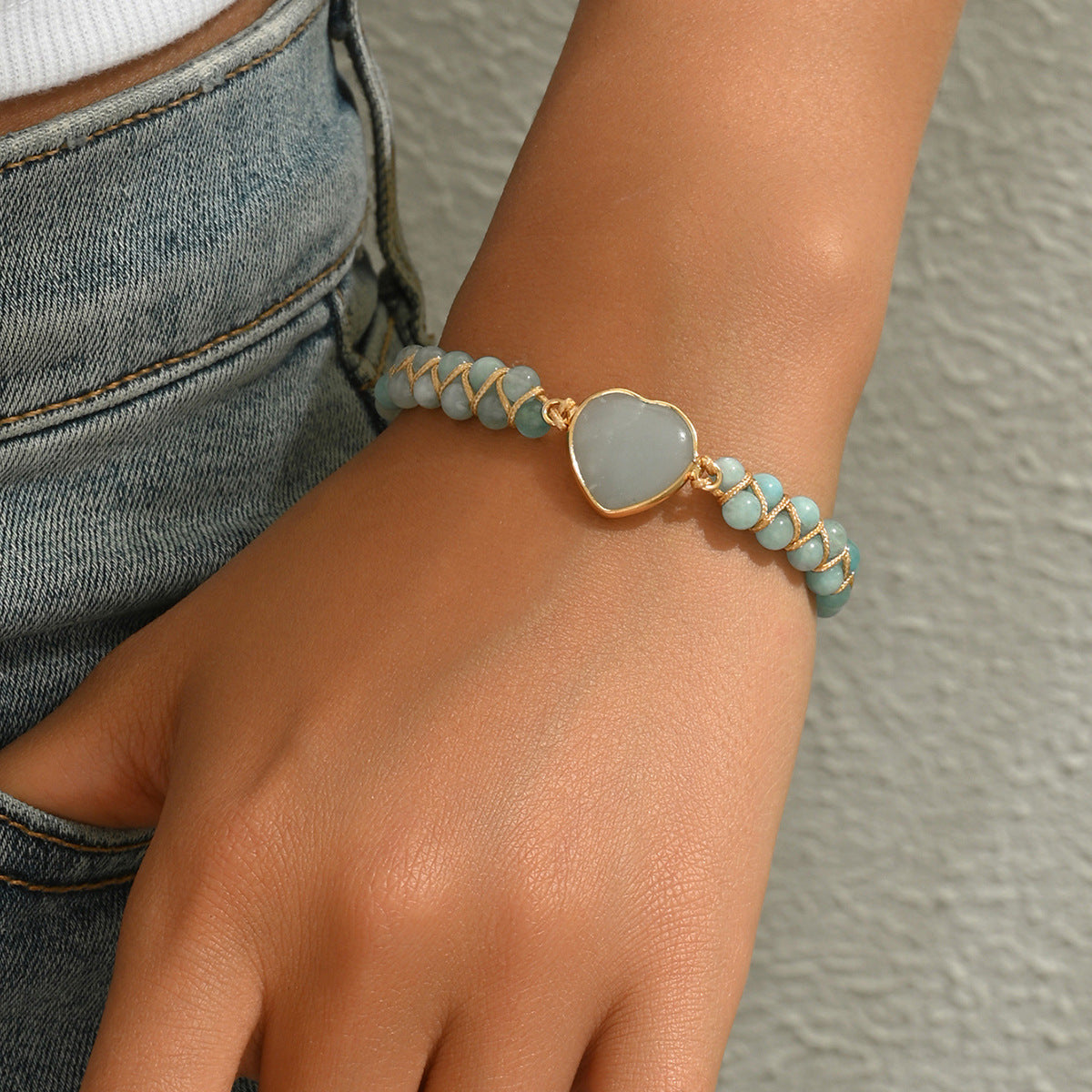 Pulsera de Piedra Natural Trenzada Hecha a Mano con Forma de Corazón Estilo Vintage para Mujer