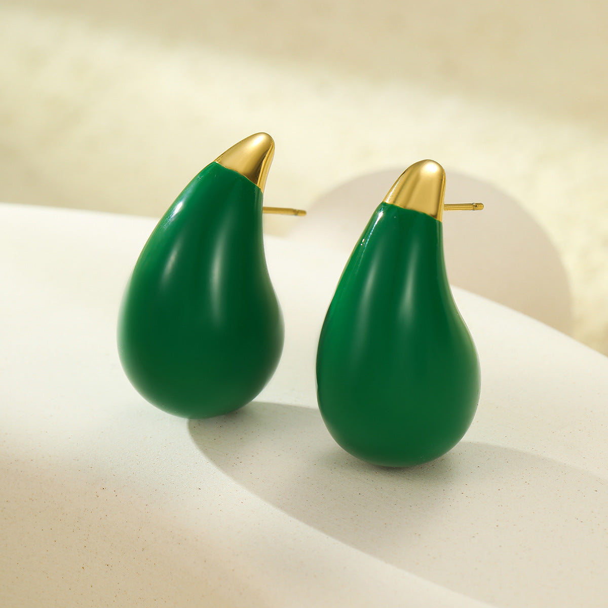 Minimalist Titanium Steel Drop-Shaped Earrings with Enamel Finish in Green, Polished Surface, Fashionable and Versatile for Women