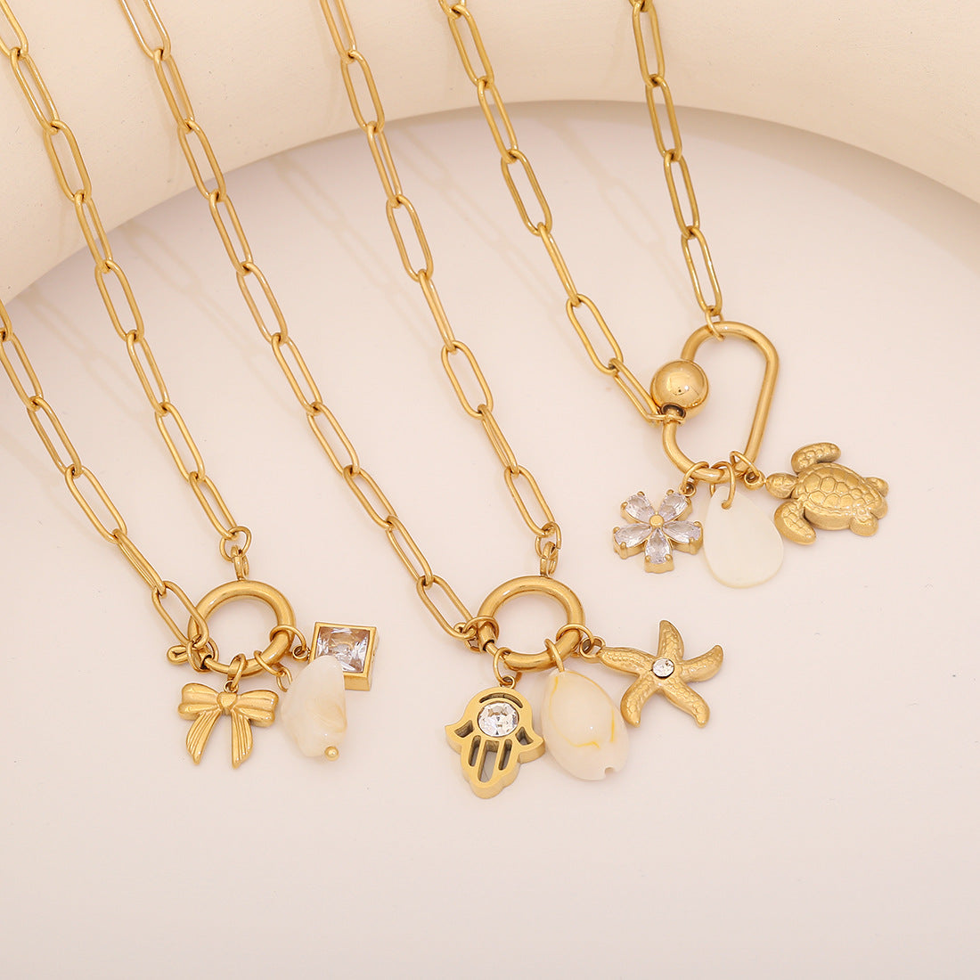 Plated Stainless Steel Starfish & Shell Animal Charm Bar Necklace for Women