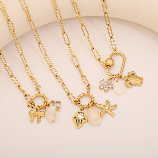 Collar con dije de barra de animales de estrella de mar y concha de acero inoxidable chapado para mujer