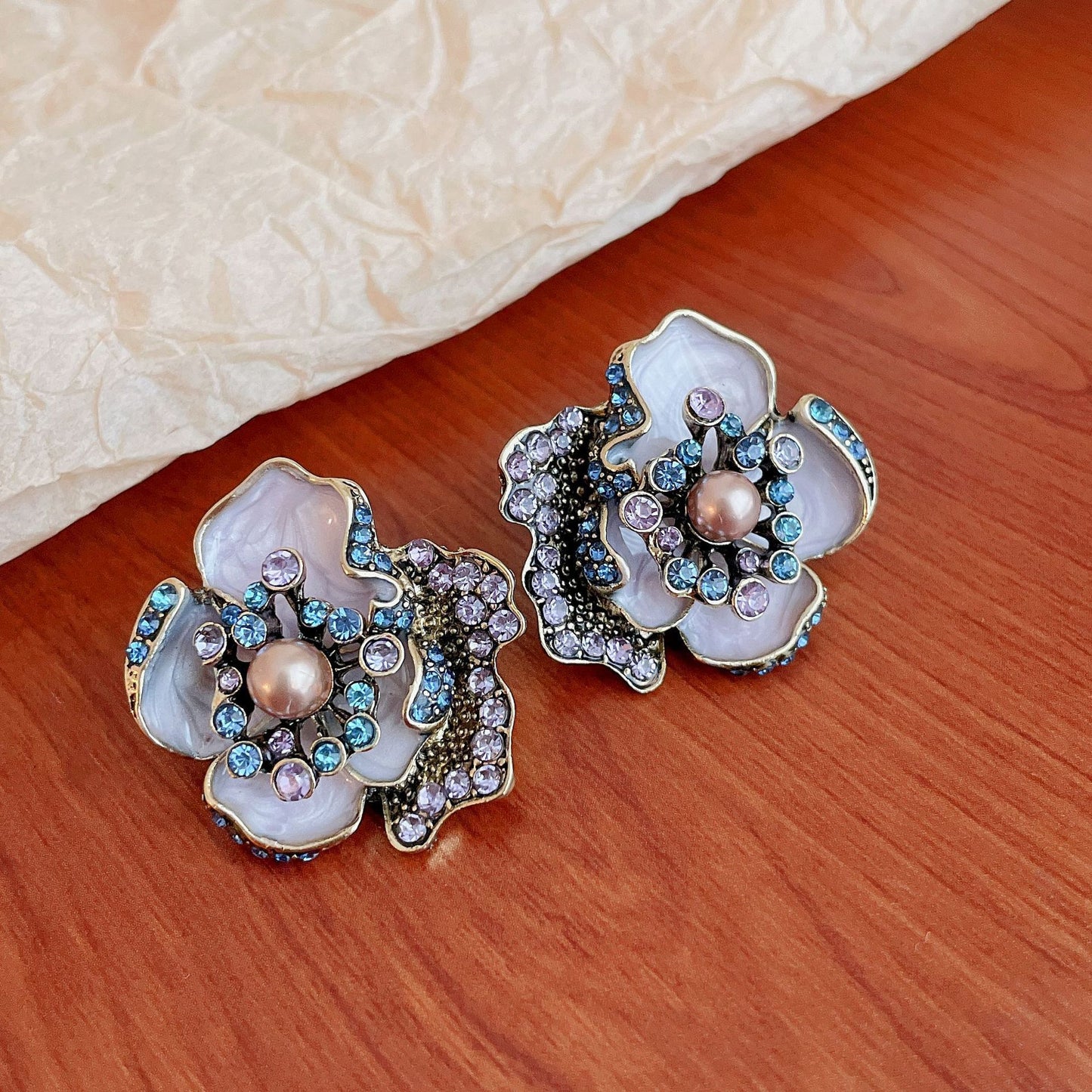 Vintage Floral Polka Dot Enamel Dangle Earrings in Alloy with Stainless Steel Posts for Women