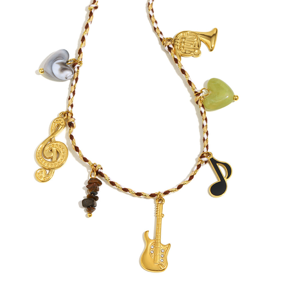 Minimalist Guitar-Shaped Pendant Necklace for Women Stainless Steel with 18K Gold Plating and Colorful Cord