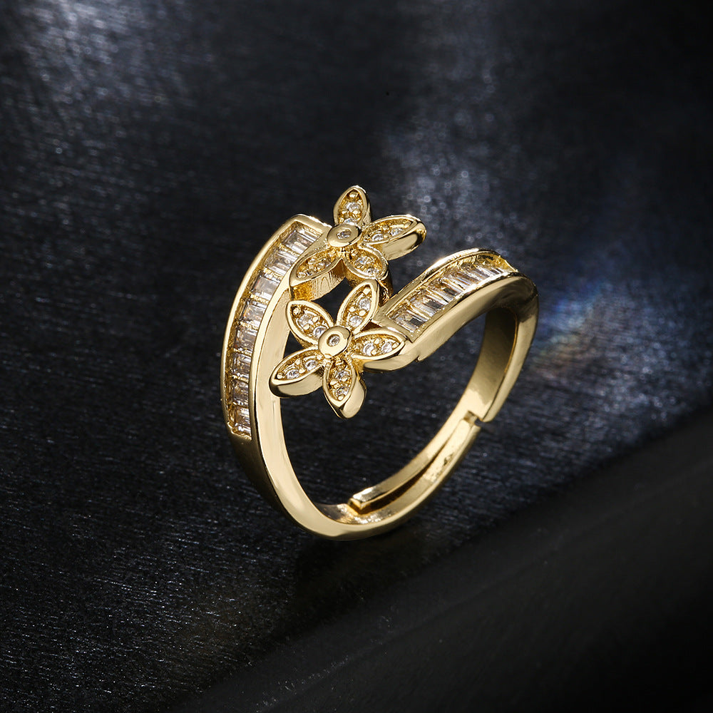 Minimalist Geometric Open Ring for Women with Cubic Zirconia Flower Accents in Copper
