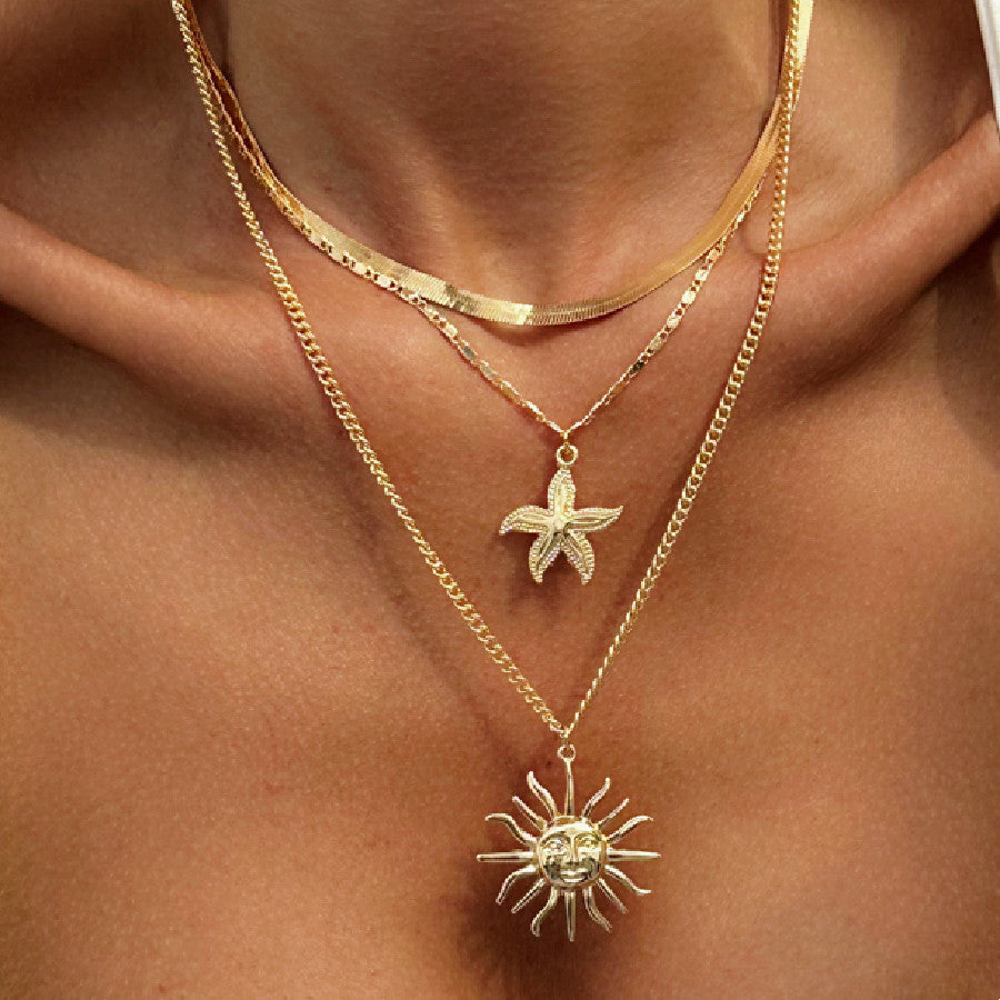 Collana con ciondolo a stella e fiore in stile vacanza per donna con perla finta, lega, finitura placcata, nappa e design geometrico su catena di perle