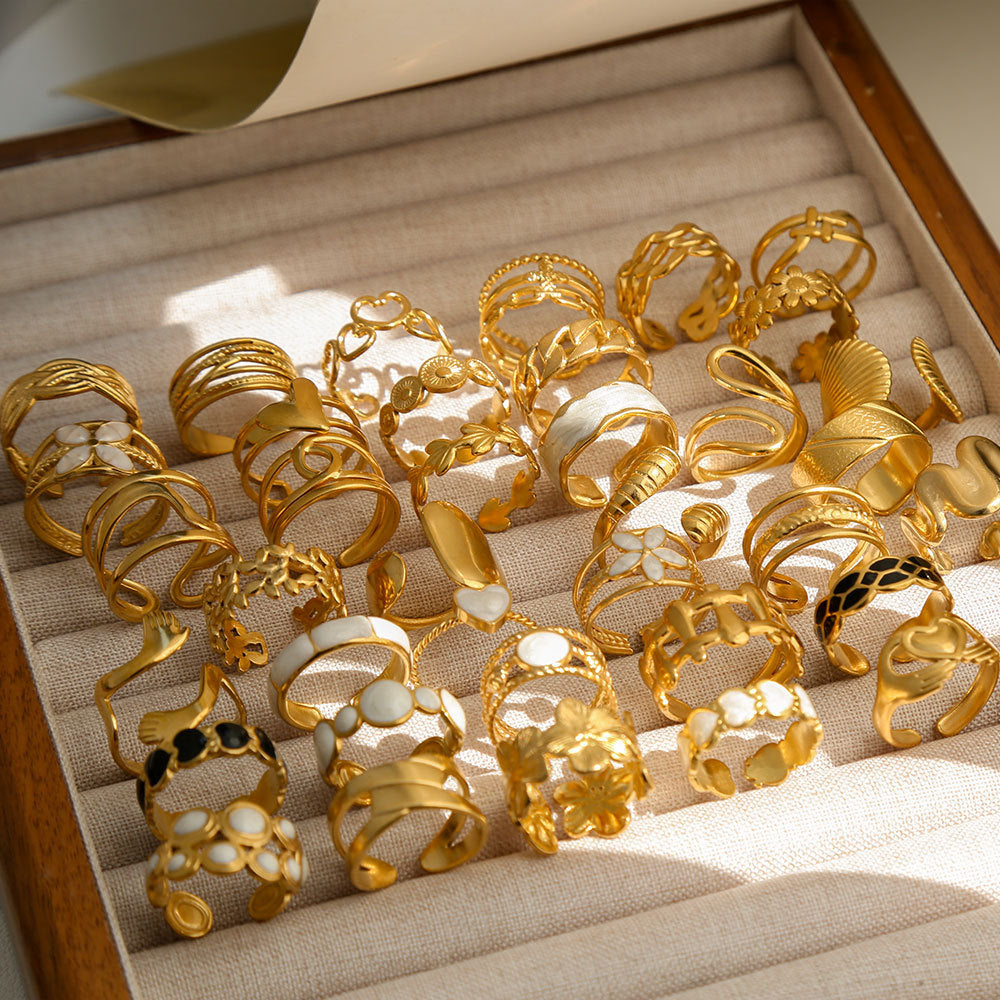Anello Aperto Regolabile da Donna in Acciaio Inossidabile Stile INS Vintage, Geometrico e a Cuore, con Intarsio in Pietra Naturale, Elegante e Minimalista