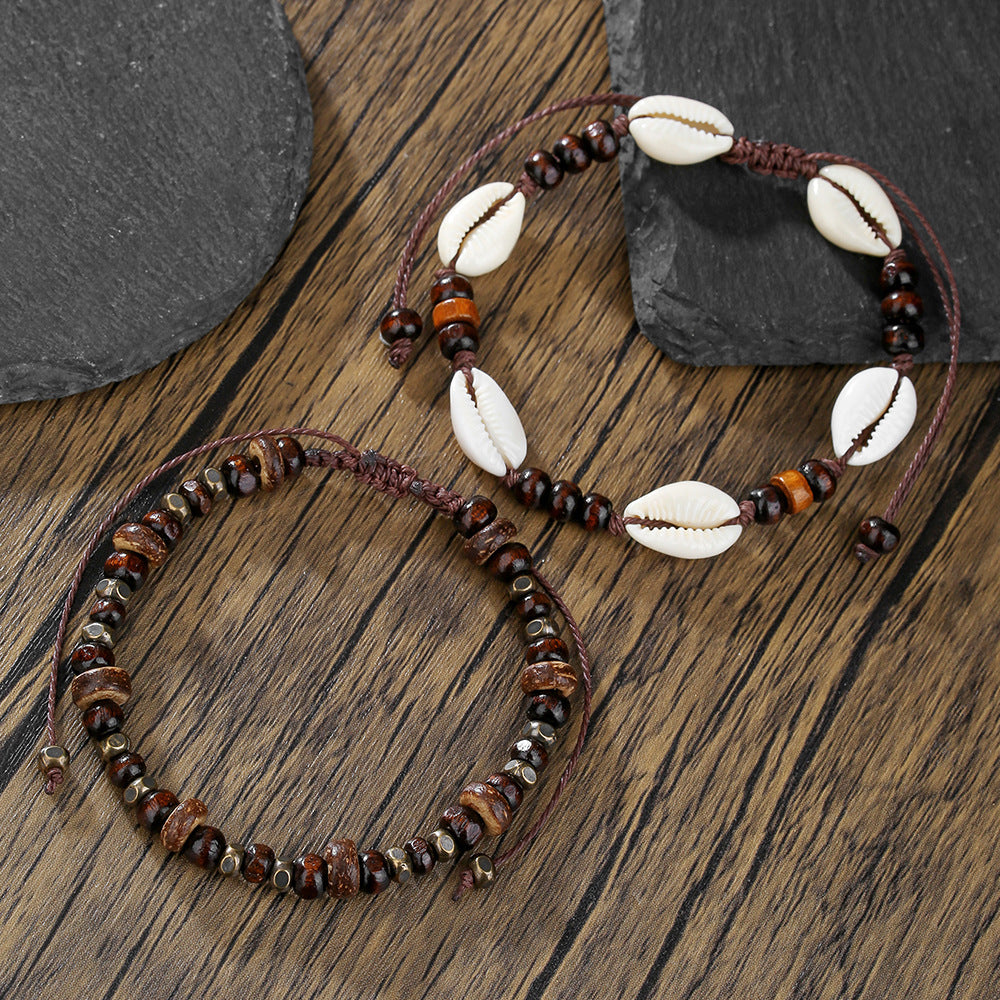 Bohemian Ethnic Geometric Wood Shell Braided Anklet for Men