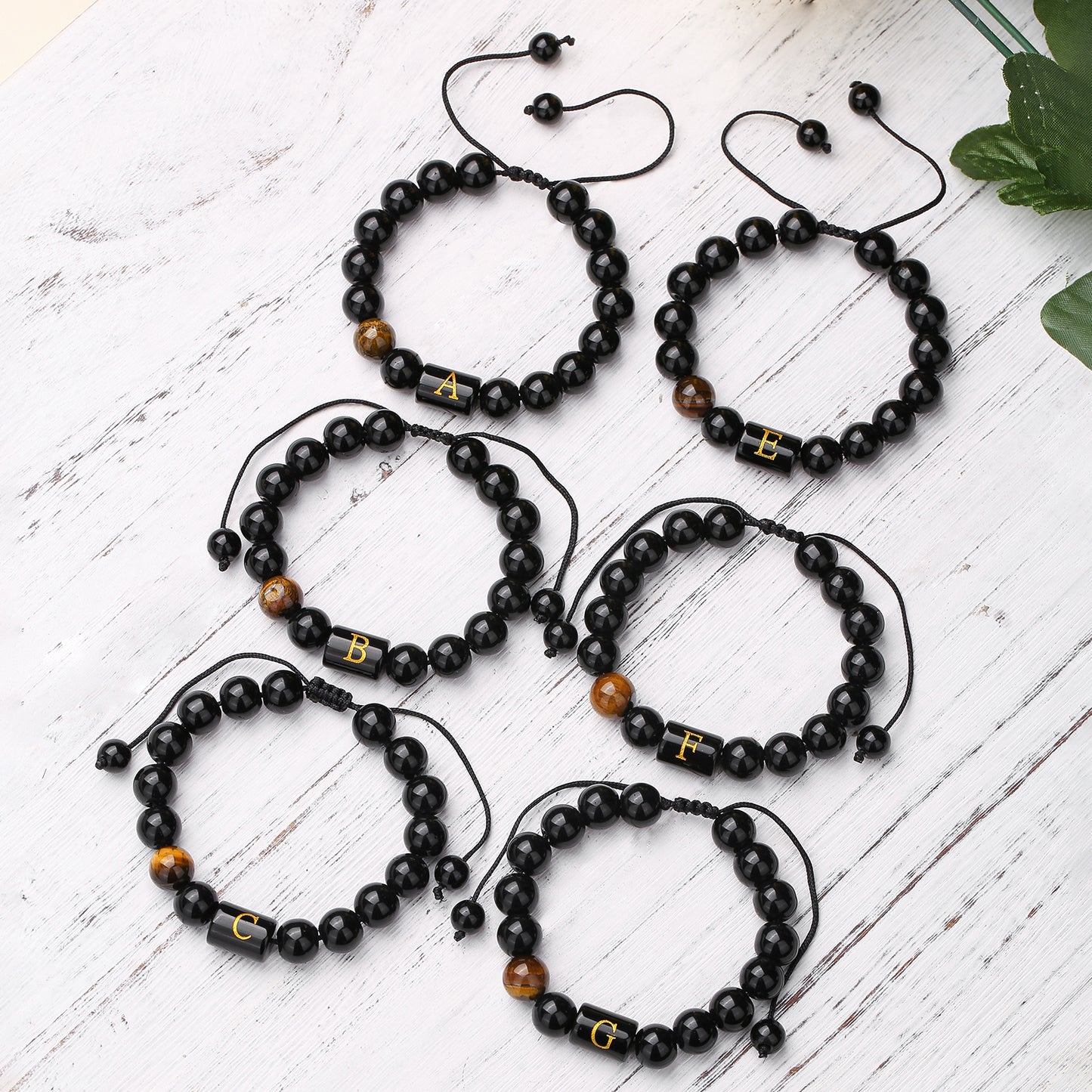 10mm Round Agate Beaded Bracelet with Alphabet Letters Adjustable Unisex