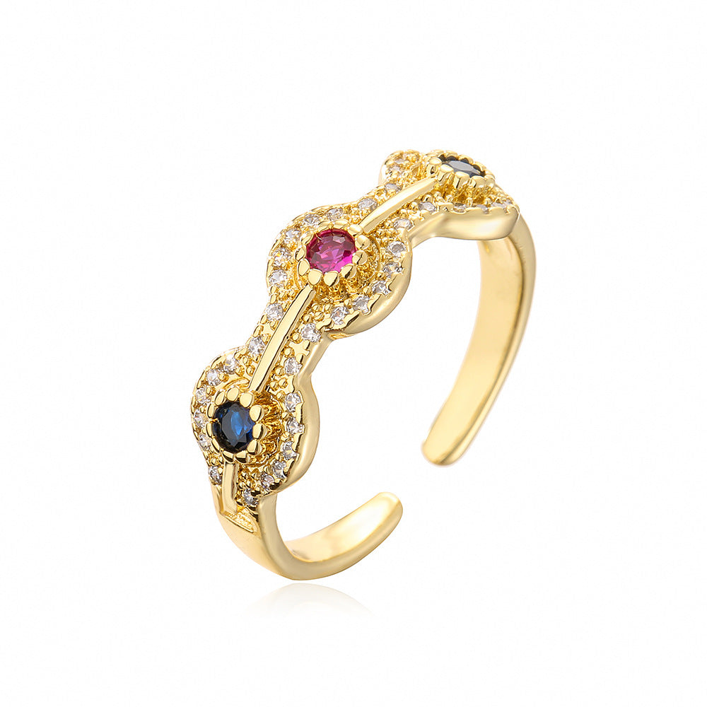Anello Aperto Geometrico Minimalista da Donna in Rame con Placcatura in Oro e Intarsio di Zirconi Arcobaleno