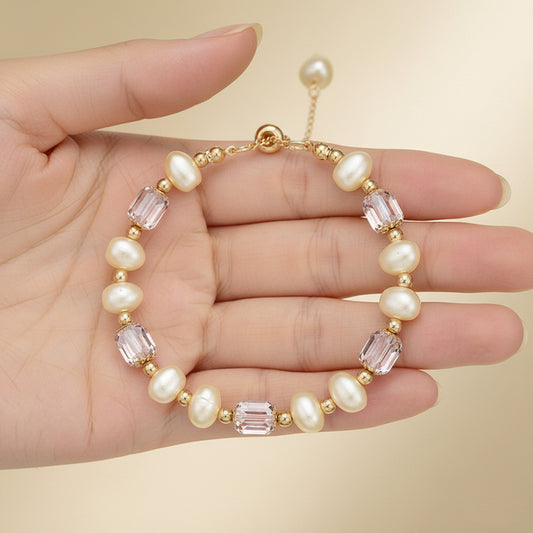 Vintage Elegant Purple Crystal Imitation Pearl Geometric Glass Bracelet for Women