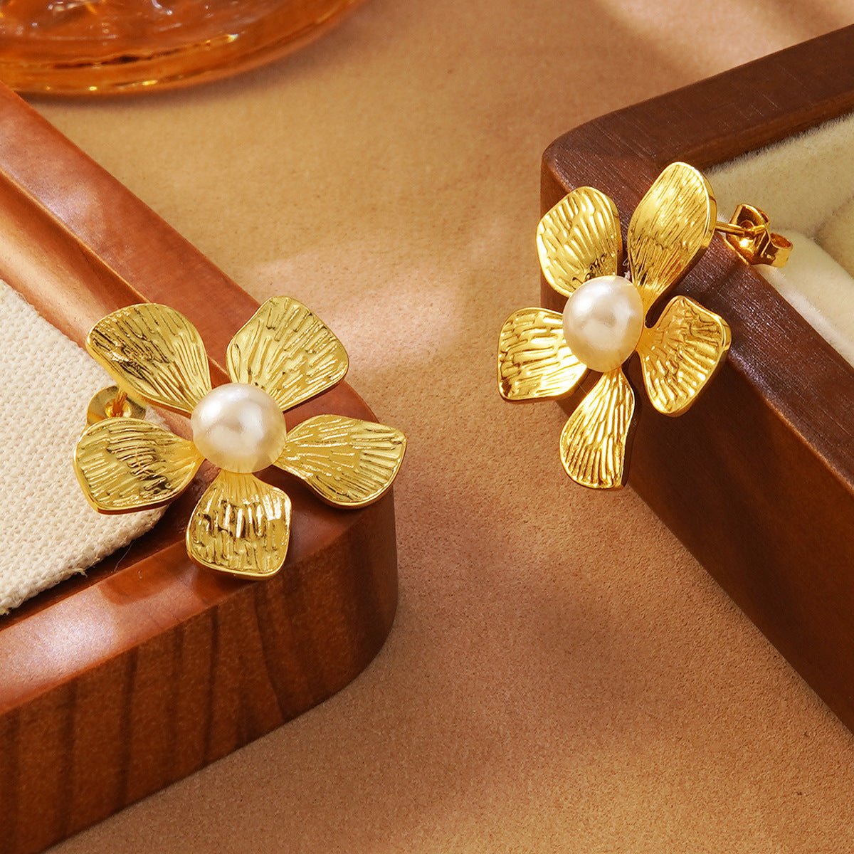 Sweet Floral Stainless Steel Earrings with White Pearl Inlay for Women