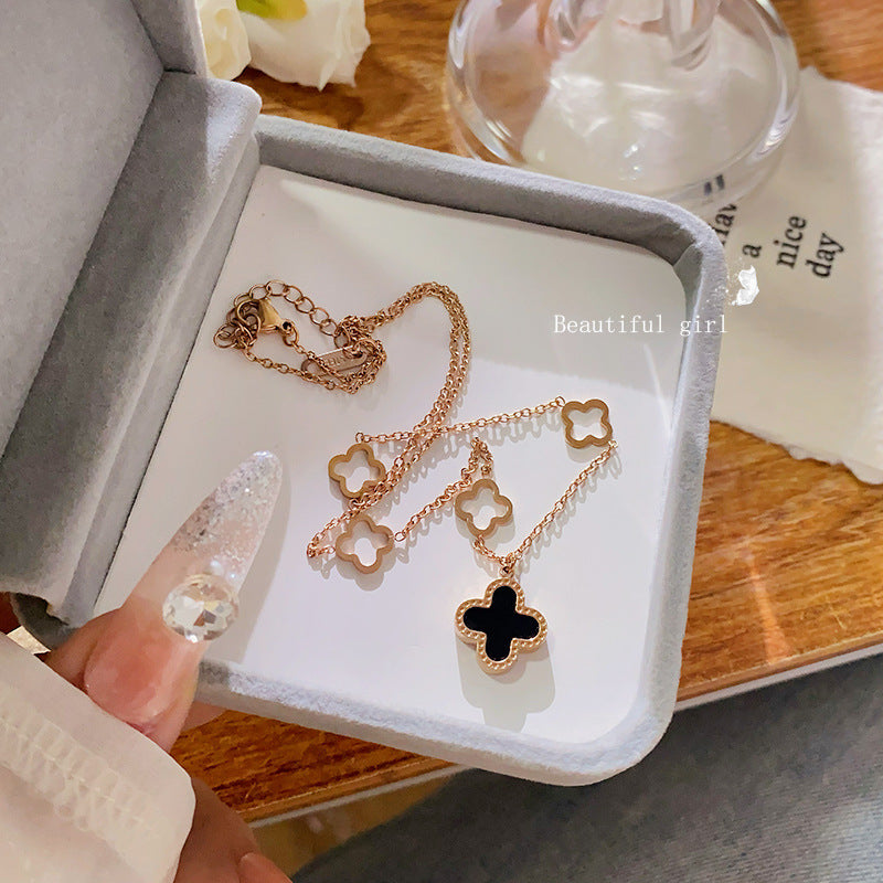 Fashion Hollow Four-Leaf Clover Gold Plated Titanium Steel Necklace for Unisex