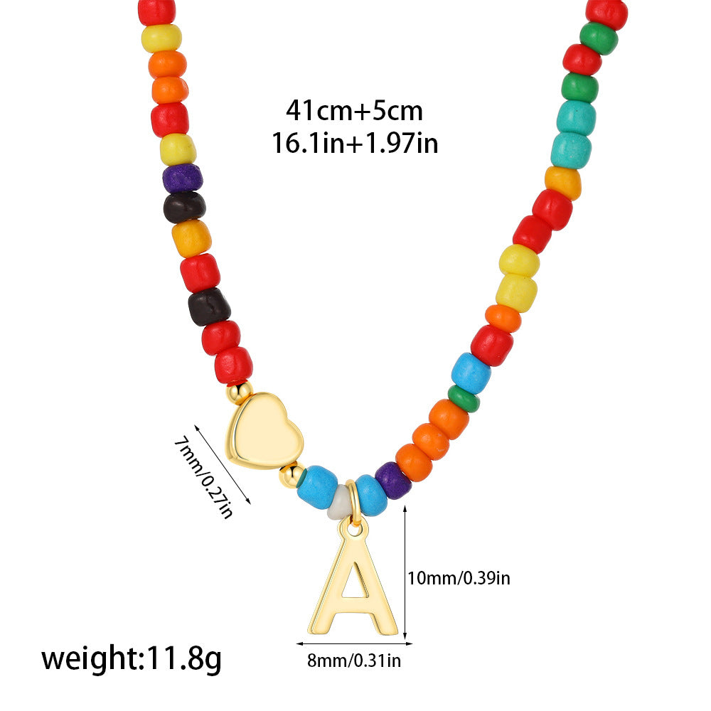 Collana Unisex Casual Placcata Oro 14K con Ciondolo a Cuore Lettera e Perline in Acciaio Inossidabile