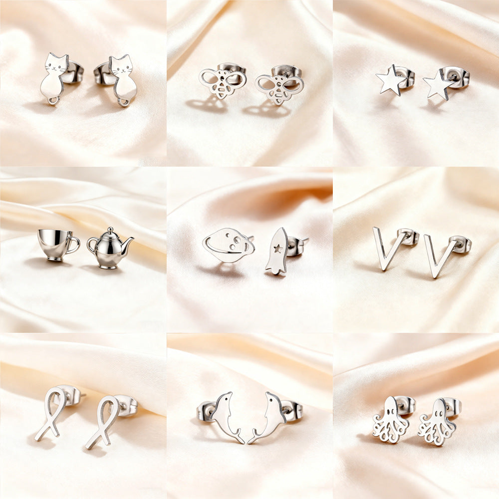 Luxury Elegant Geometric Moon Star Stainless Steel Plated Stud Earrings for Women