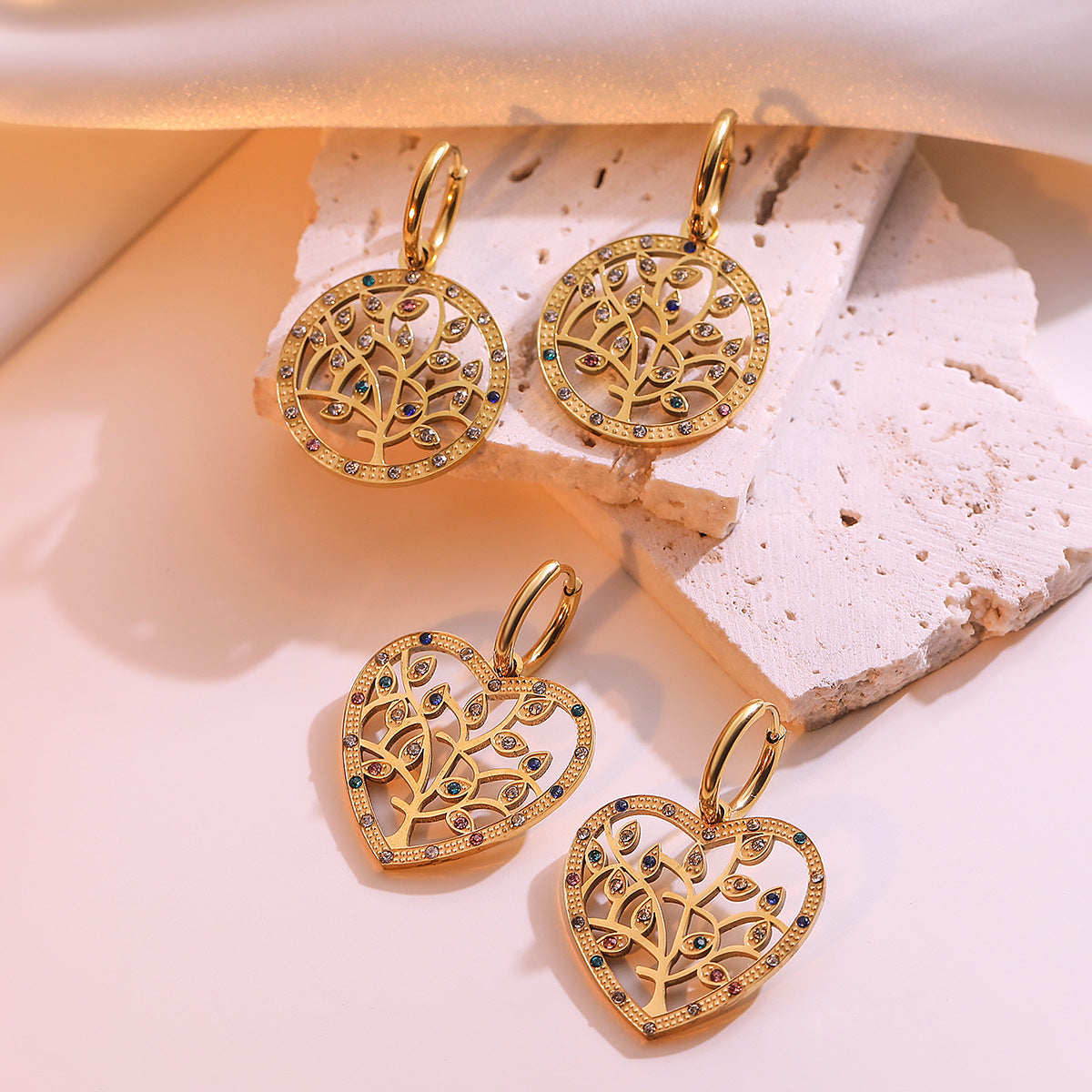Minimalist Geometric Tree-Shaped Titanium Steel Earrings for Women with Genuine Gold Plating and Zircon Inlay