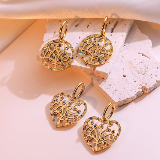 Minimalist Geometric Tree-Shaped Titanium Steel Earrings for Women with Genuine Gold Plating and Zircon Inlay