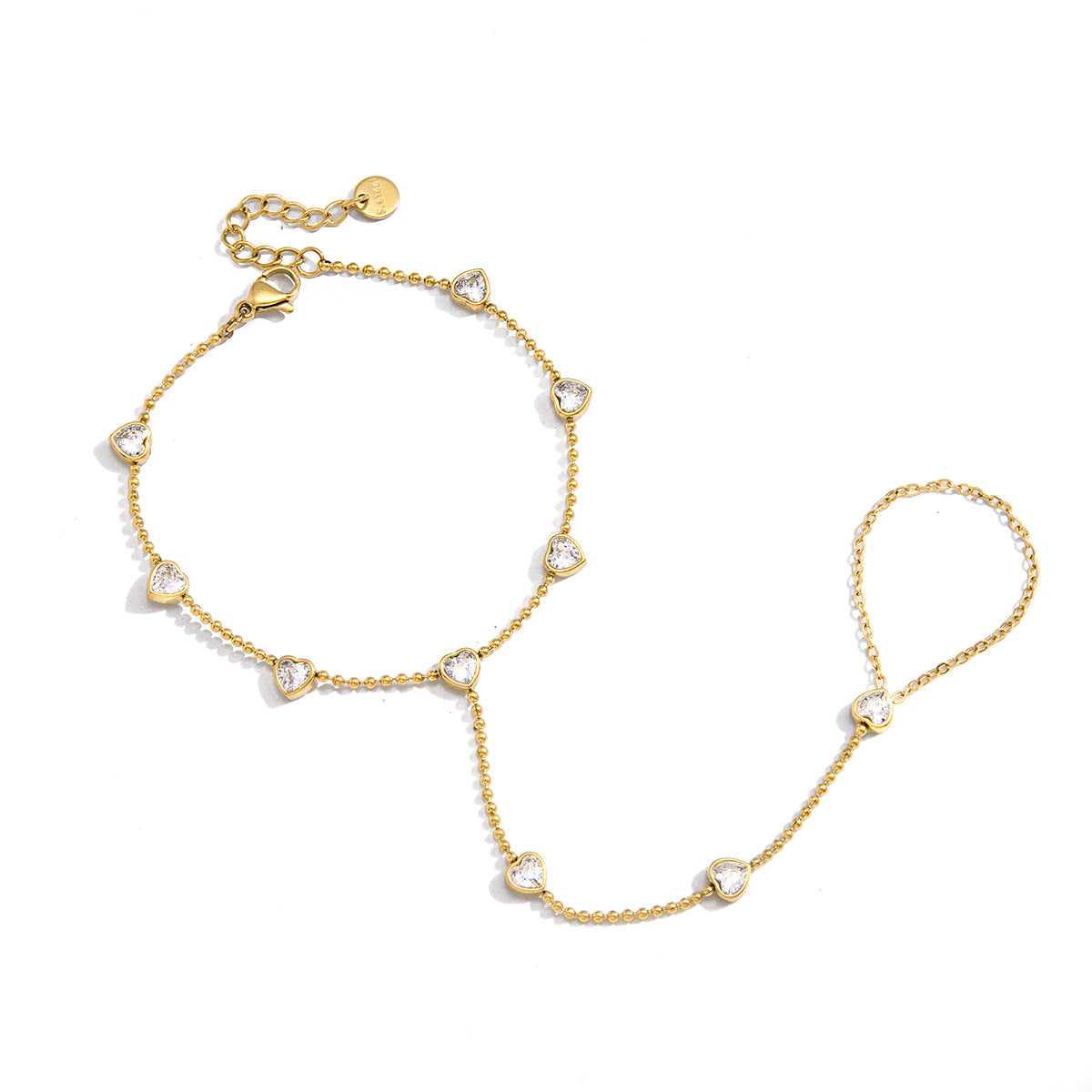Luxury Geometric Heart Stainless Steel Cubic Zirconia Ring Bracelet for Women