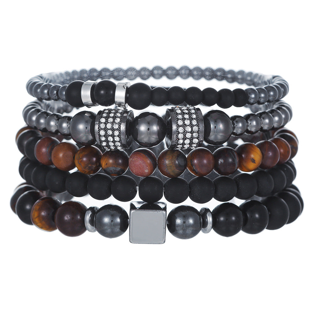 Natural Tiger's Eye and Hematite Beaded Bracelet Set with Cubic Zirconia Accents for Men and Women DIY Charm Bar