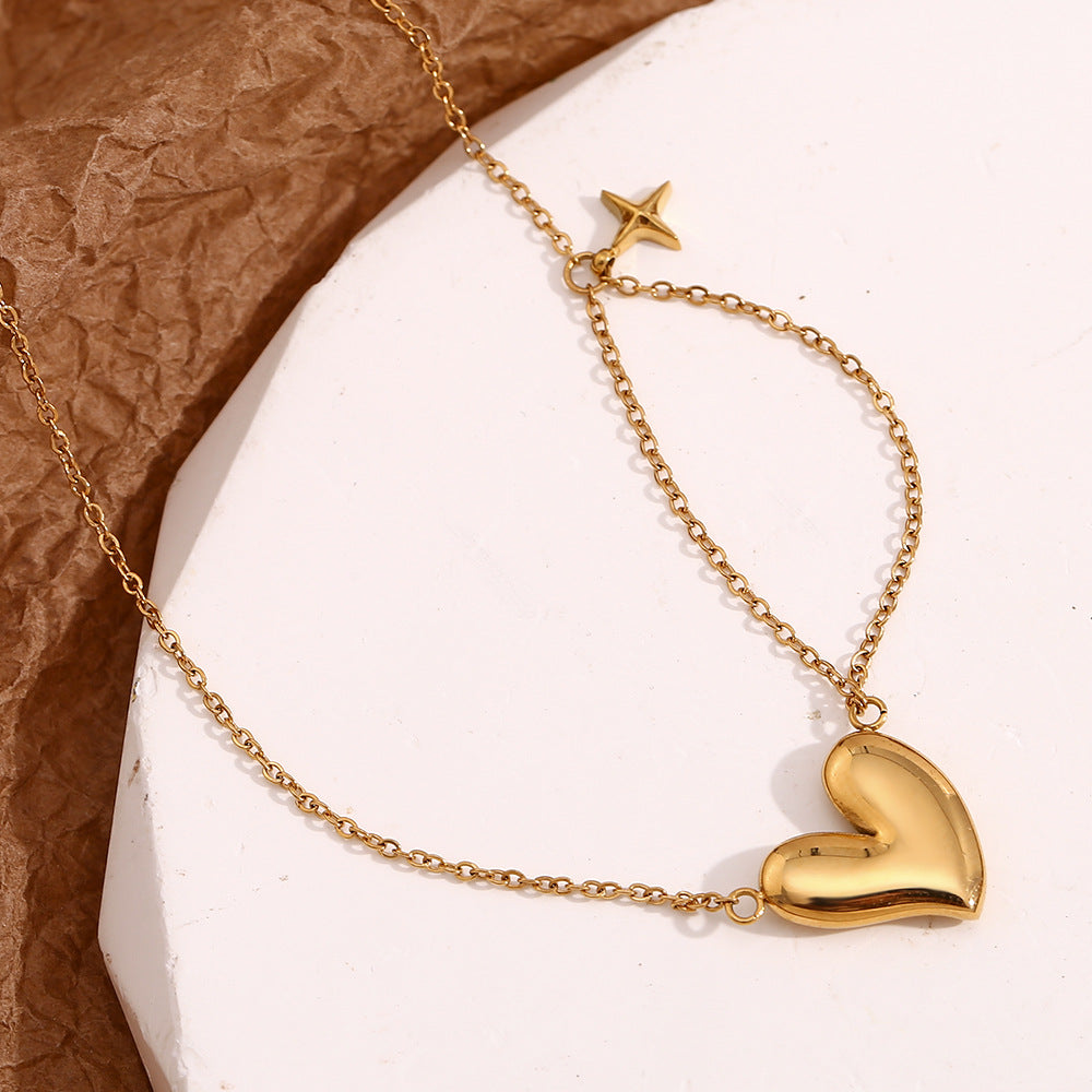 Minimalist Vintage Heart-Shaped Stainless Steel Pendant Necklace with 18K Gold Plating for Women