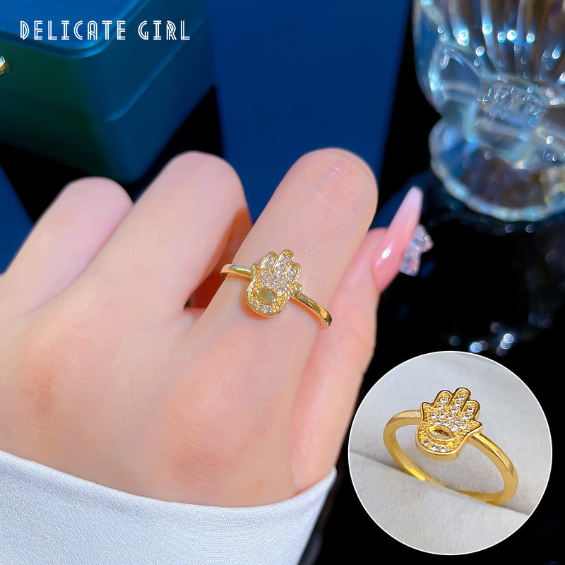 Luxury Minimalist Plated Brass Crown Rhinestone Adjustable Ring for Women