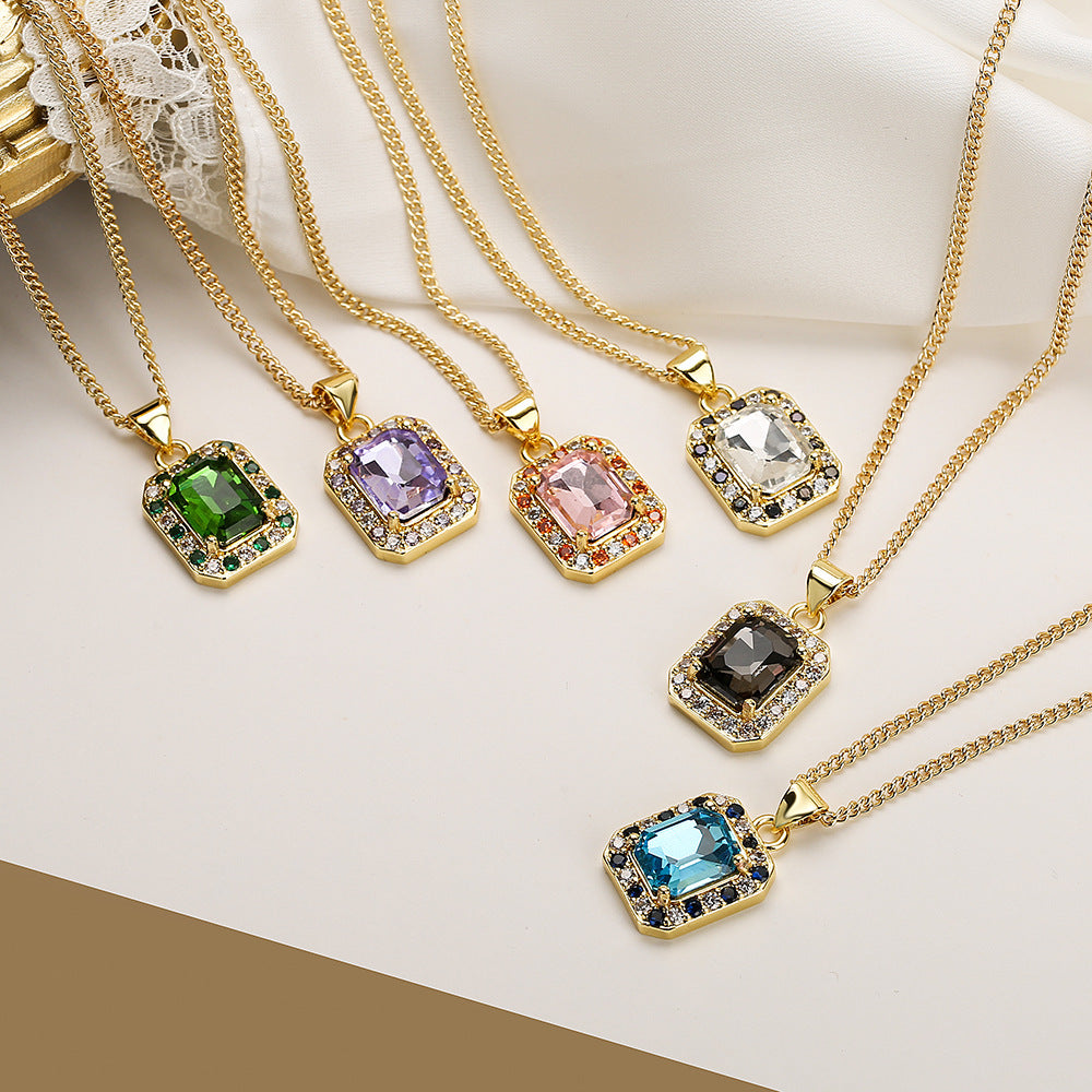 Geometric Square Zircon Pendant Necklace for Women in Copper with Fashionable Minimalist and Office-Appropriate Design