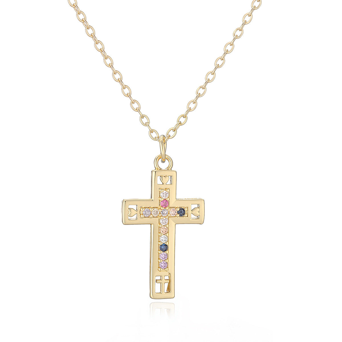 Minimalist 18K Gold Plated Brass Cross Necklace with Cubic Zirconia for Women