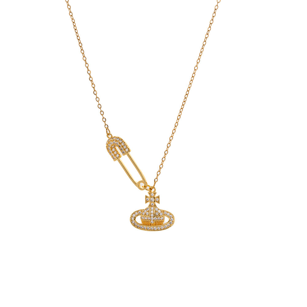 Luxury Saturn-Shaped Micro-Paved Rhinestone Titanium Steel Necklace for Women with Gold-Plated Finish and O-Chain
