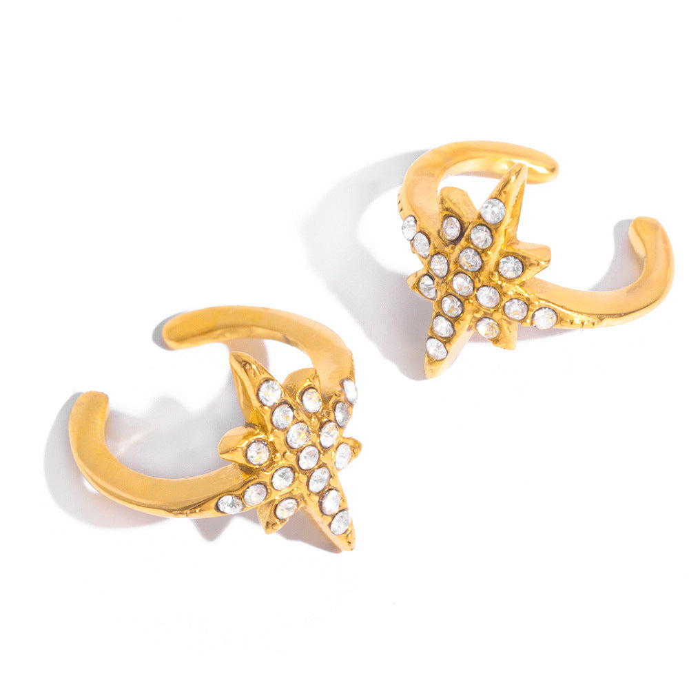 Orecchini a clip ipoallergenici in acciaio inossidabile a forma di stella a otto punte con intarsio di zirconi, design di lusso elettroplaccato per donna