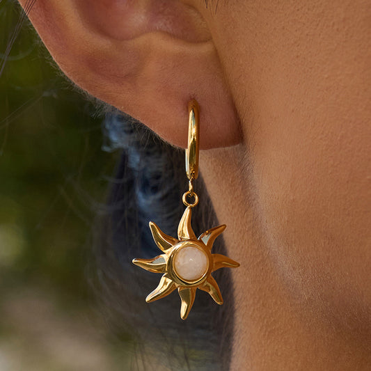 Minimalist Geometric Moonstone Titanium Steel Hoop Earrings for Women with Plated Finish and Sun Motif