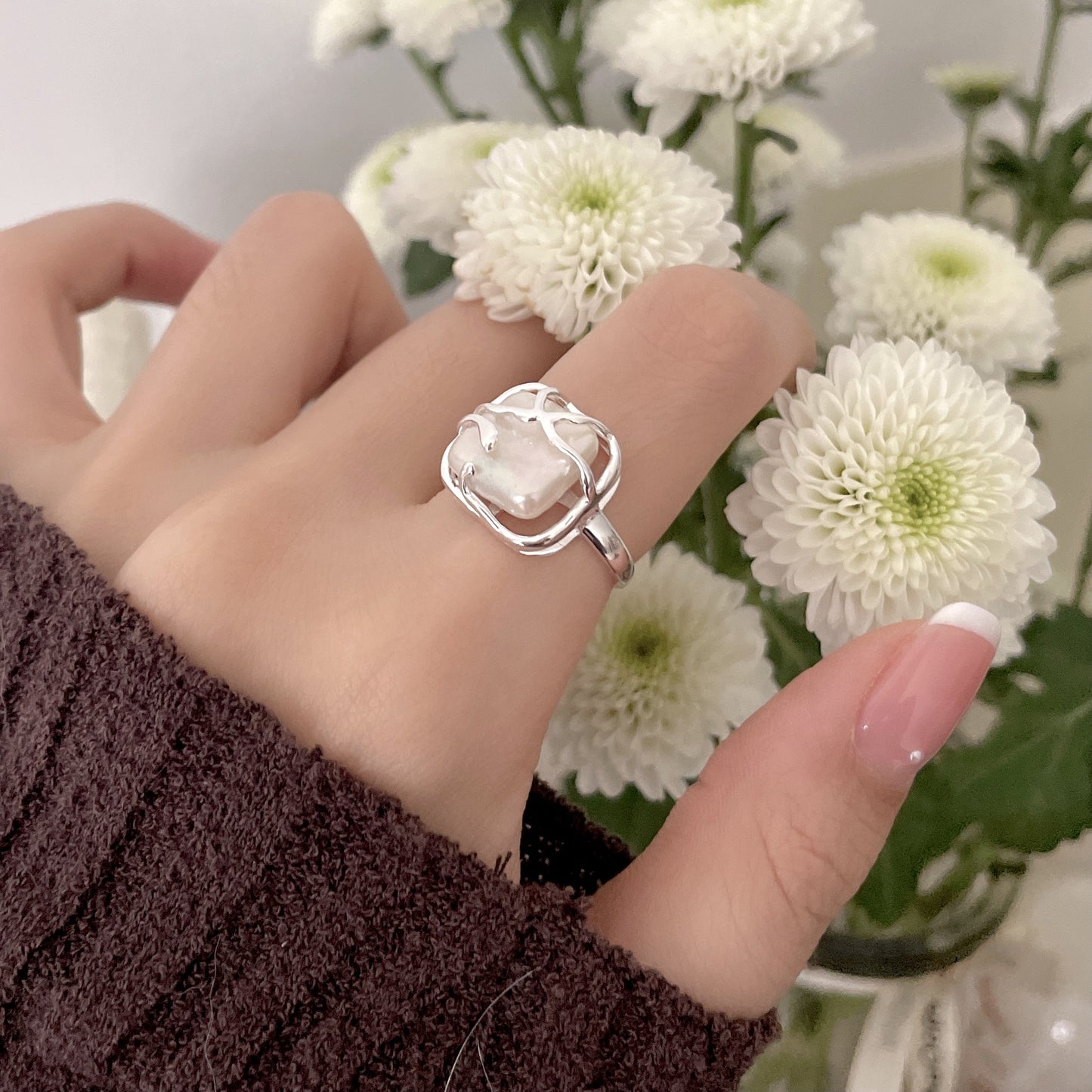 Minimalist French Style Heart-Shaped 925 Sterling Silver Ring with Pearl Inlay for Women