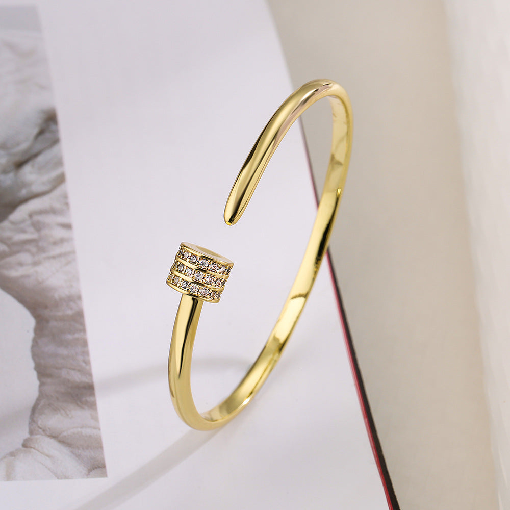 Minimalist Geometric Open Bangle Bracelet for Women Made of Brass with Real Gold Plating and Micro-Pave Setting