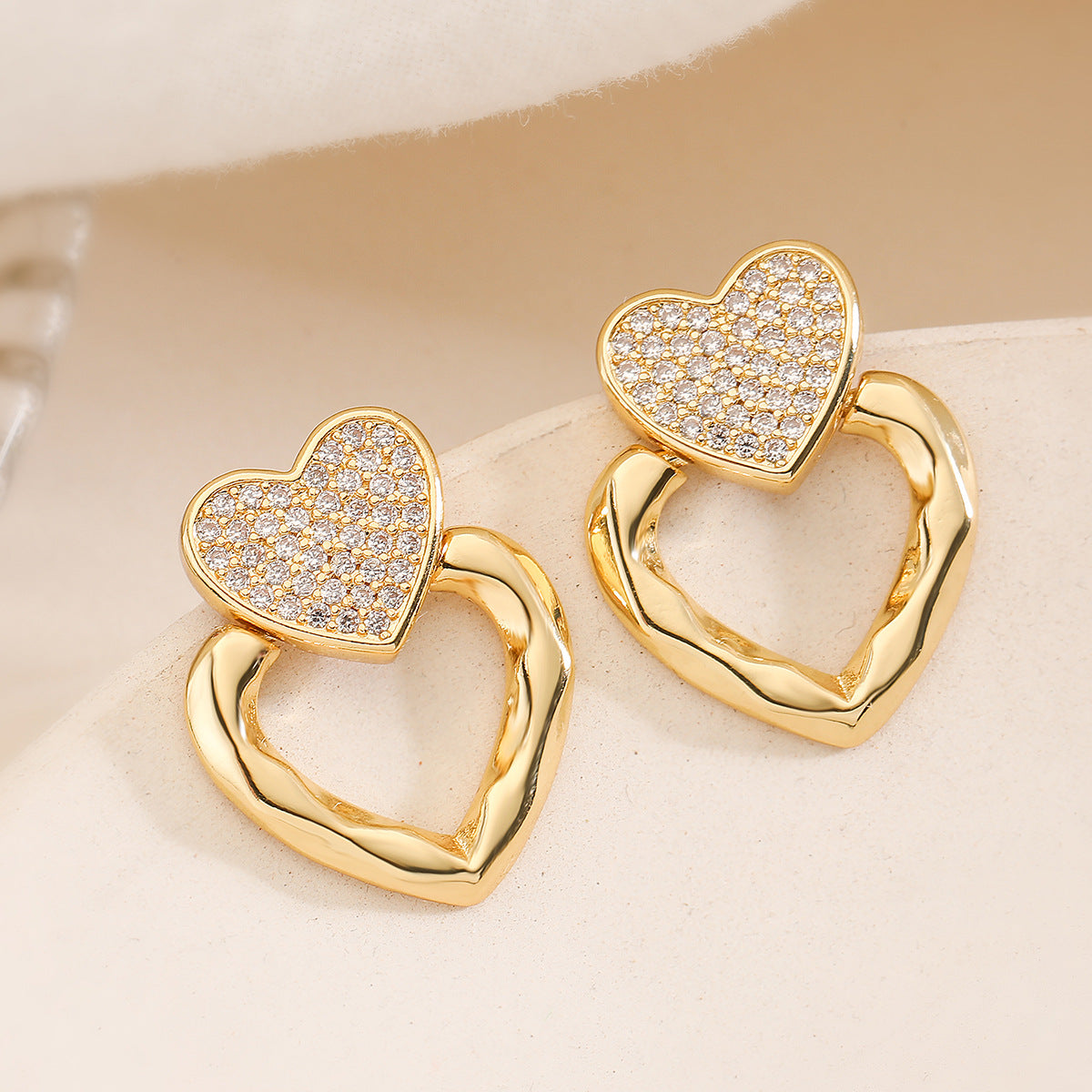 Minimalist Geometric Copper Earrings with 18K Gold Plating and Zircon Heart Accents for Women