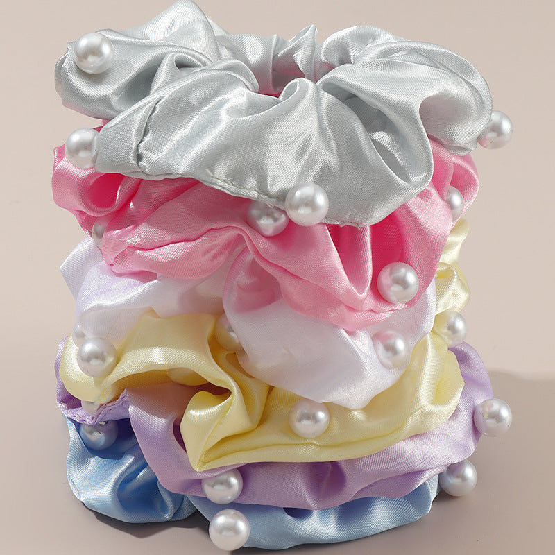 Set di Elastici per Capelli in Tessuto con Perle e Finitura Satinata Colori Caramella per Bambini