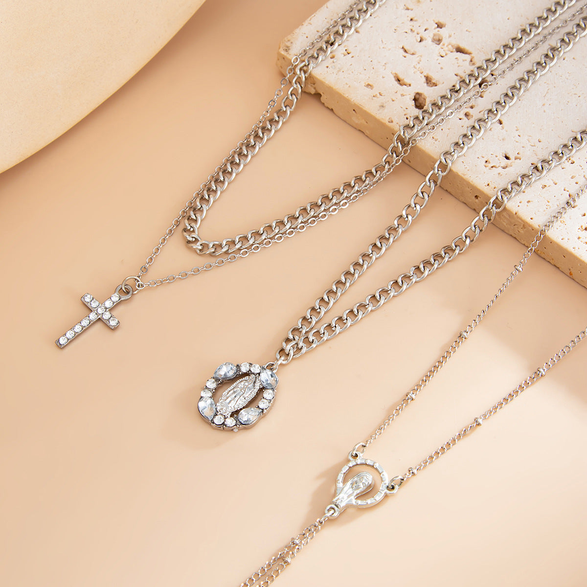 Luxury Geometric Cross Rhinestone Zinc Alloy Pendant Necklace Plated Iron Multi-layer Chain for Women