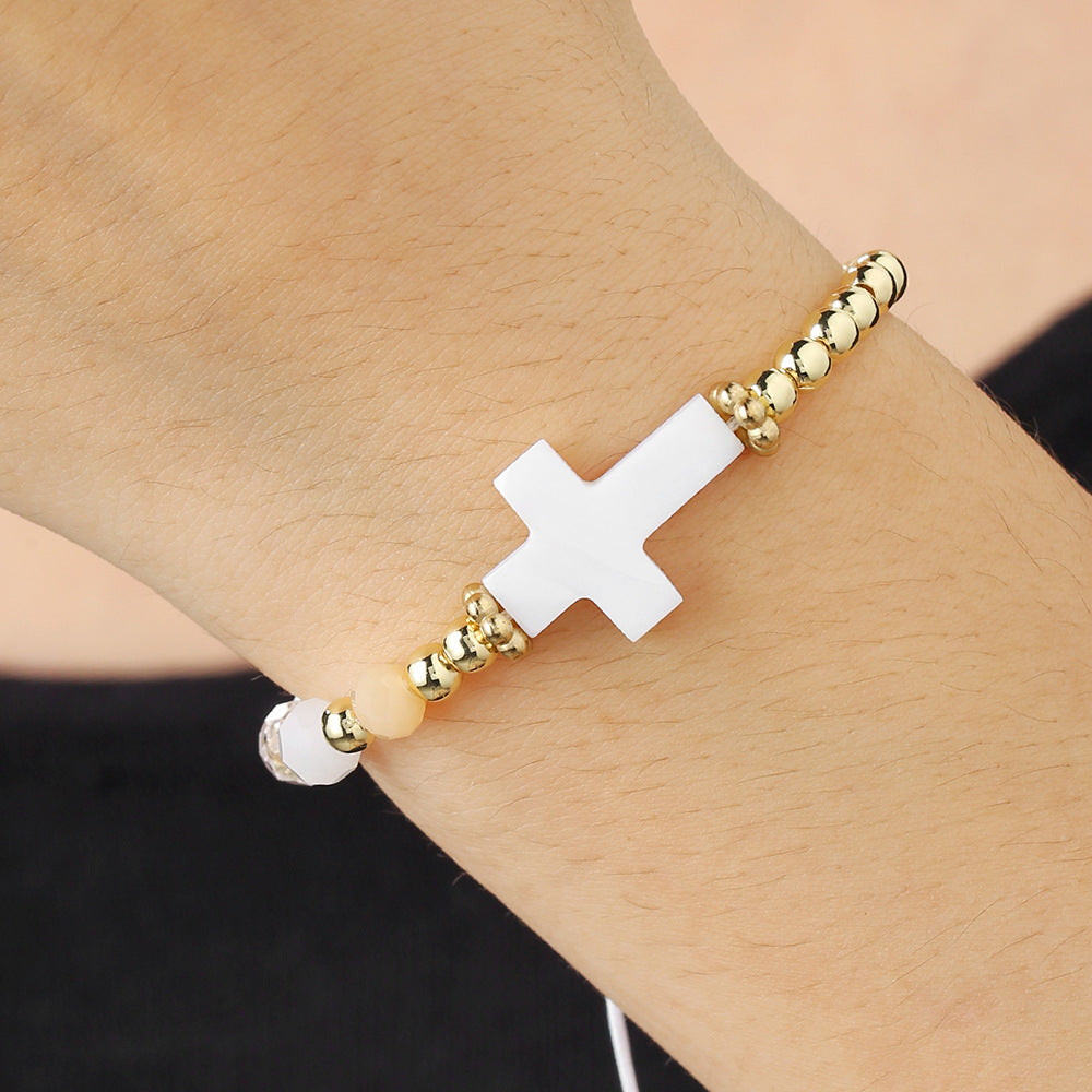 Bracciale regolabile stile bohémien con conchiglia e ciondoli a croce, perline di cristallo e vetro, design fatto a mano per donne