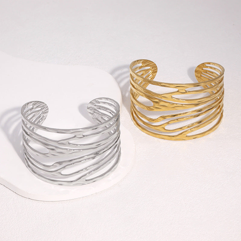 Minimalist Irregular Wide Stainless Steel Bracelet with Plated Finish for Women and Men