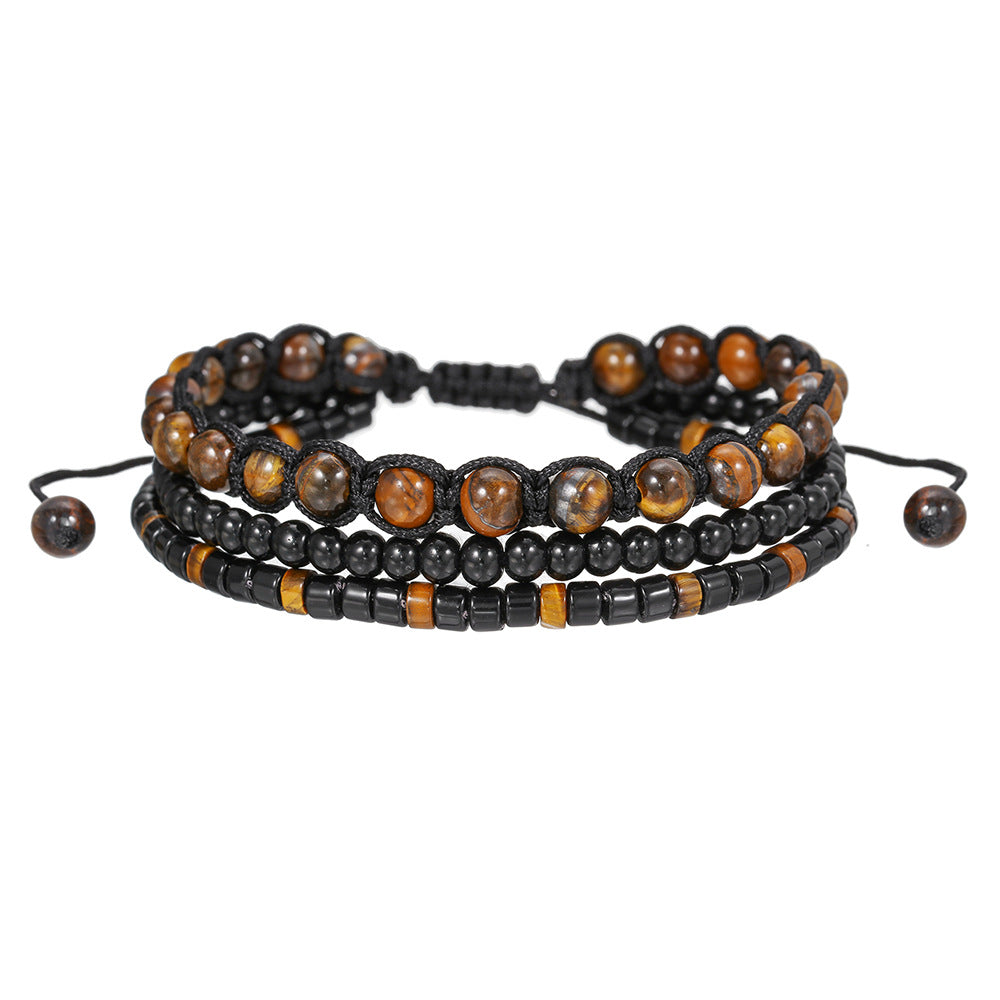 Handmade Geometric Tiger's Eye and Black Agate Braided Bracelet for Men and Women