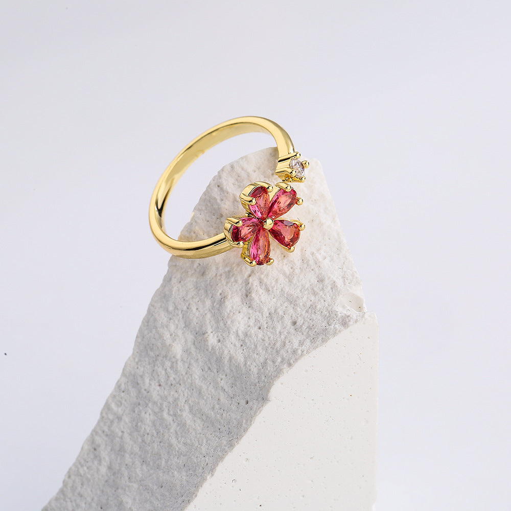 Minimalist Floral Geometric Copper Ring with 18K Gold Plating and Zircon Inlay for Women