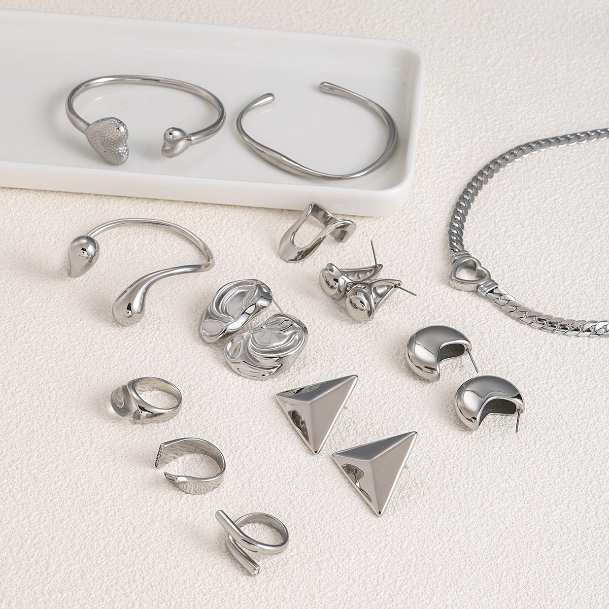 Minimalist Geometric Stainless Steel Bracelet Ring and Earrings Set with Polished Finish