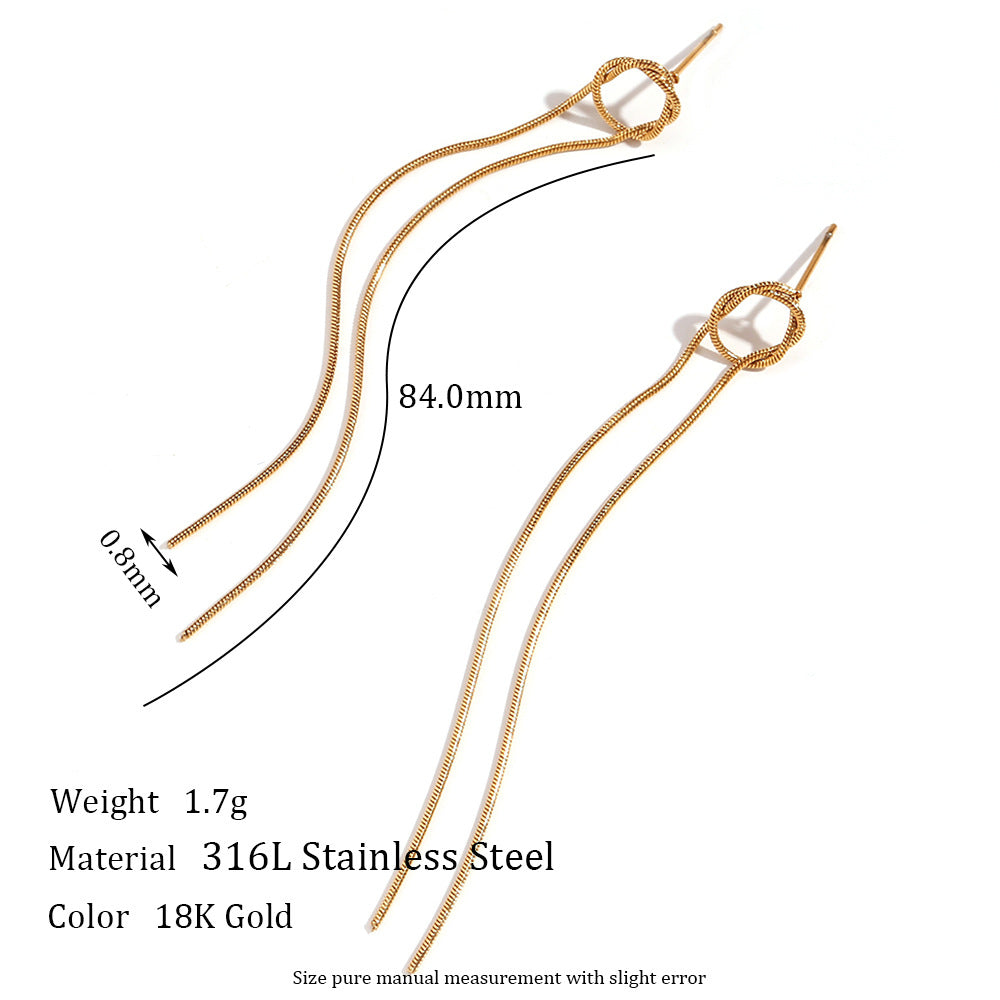 Minimalist Fashion 18K Gold Plated Stainless Steel Geometric Round Snake Chain Long Tassel Earrings for Women