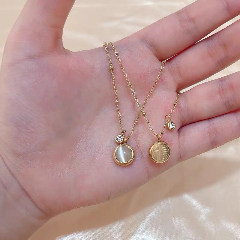 Elegant Round Cat's Eye Stone Lucky Necklace for Women Fashionable Minimalist Titanium Steel Clavicle Chain with Plated Finish