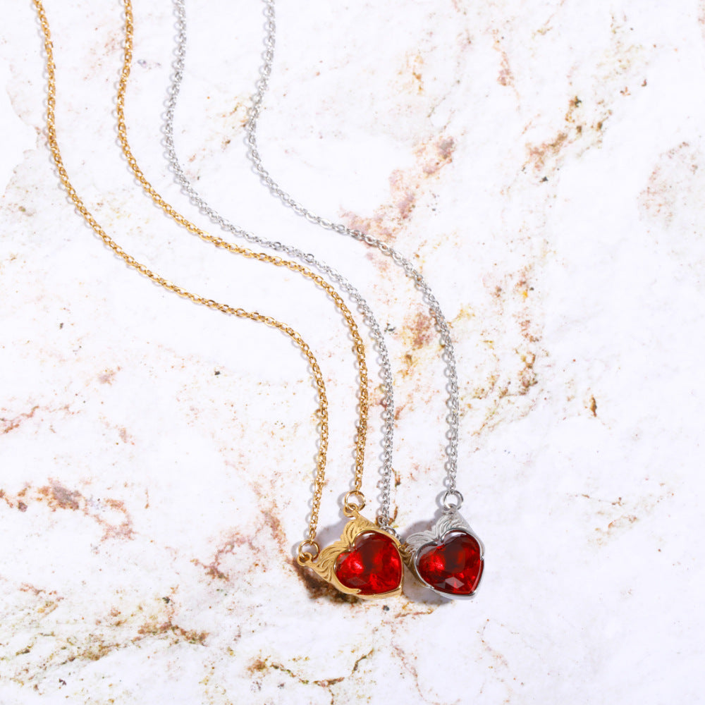 Personalized Heart-Shaped Stainless Steel Pendant Necklace with Zircon Inlay on O-Chain for Women