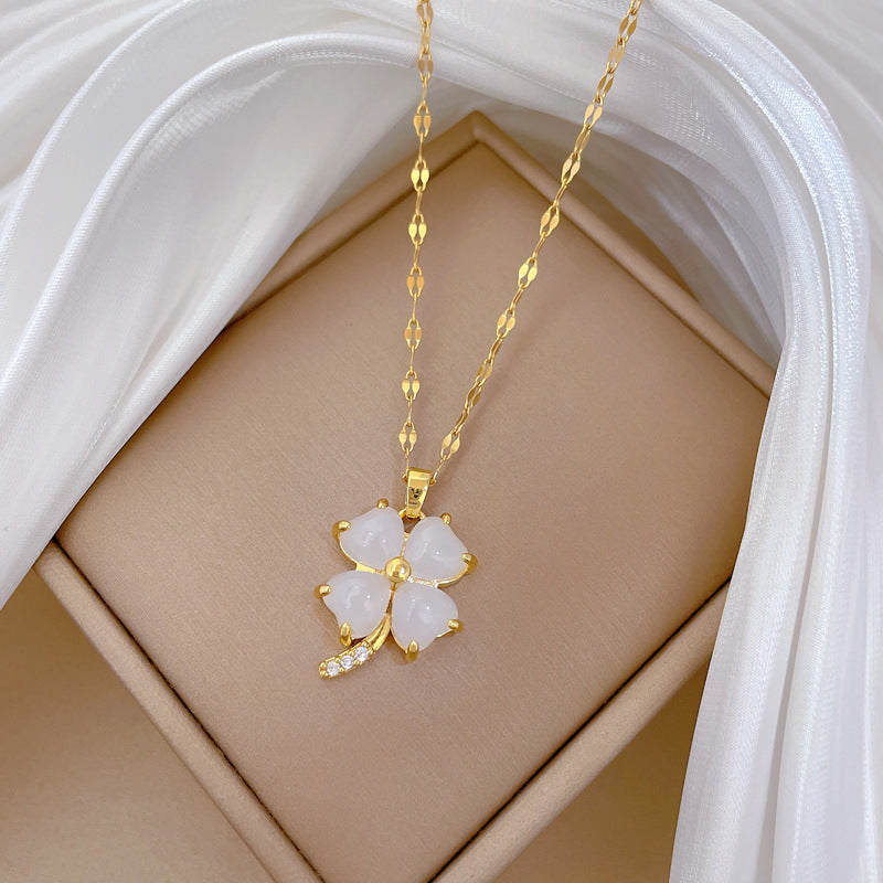 Lucky Clover Pendant Necklace for Women Stainless Steel Geometric Design with Rhinestone Inlay Elegant Clavicle Chain