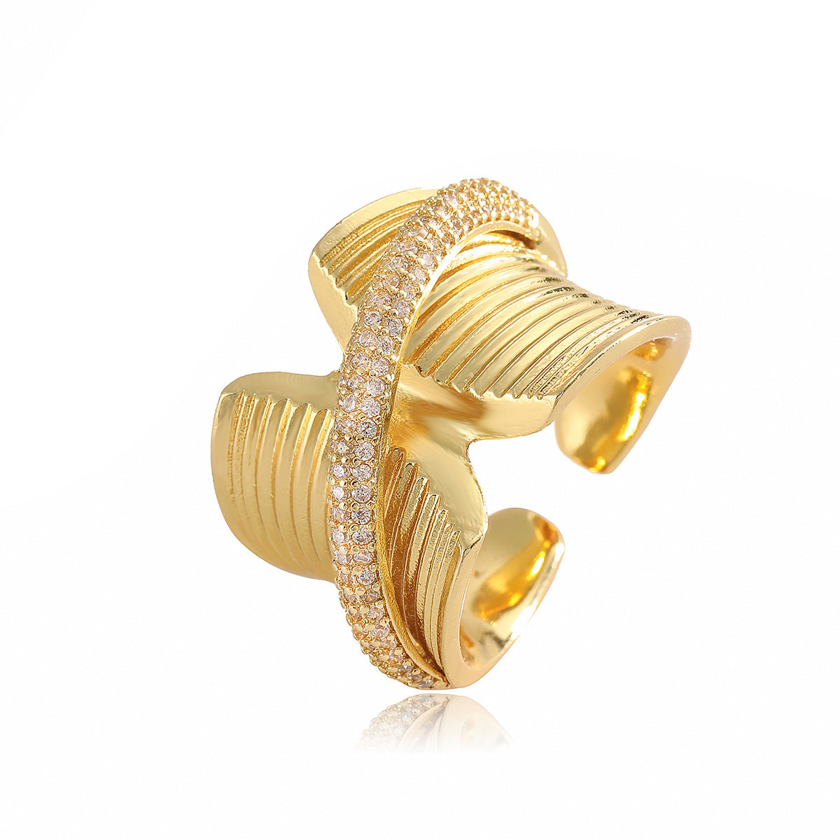 Anello Aperto Geometrico Minimalista da Donna in Ottone con Placcatura in Oro Vero e Intarsio in Zircone