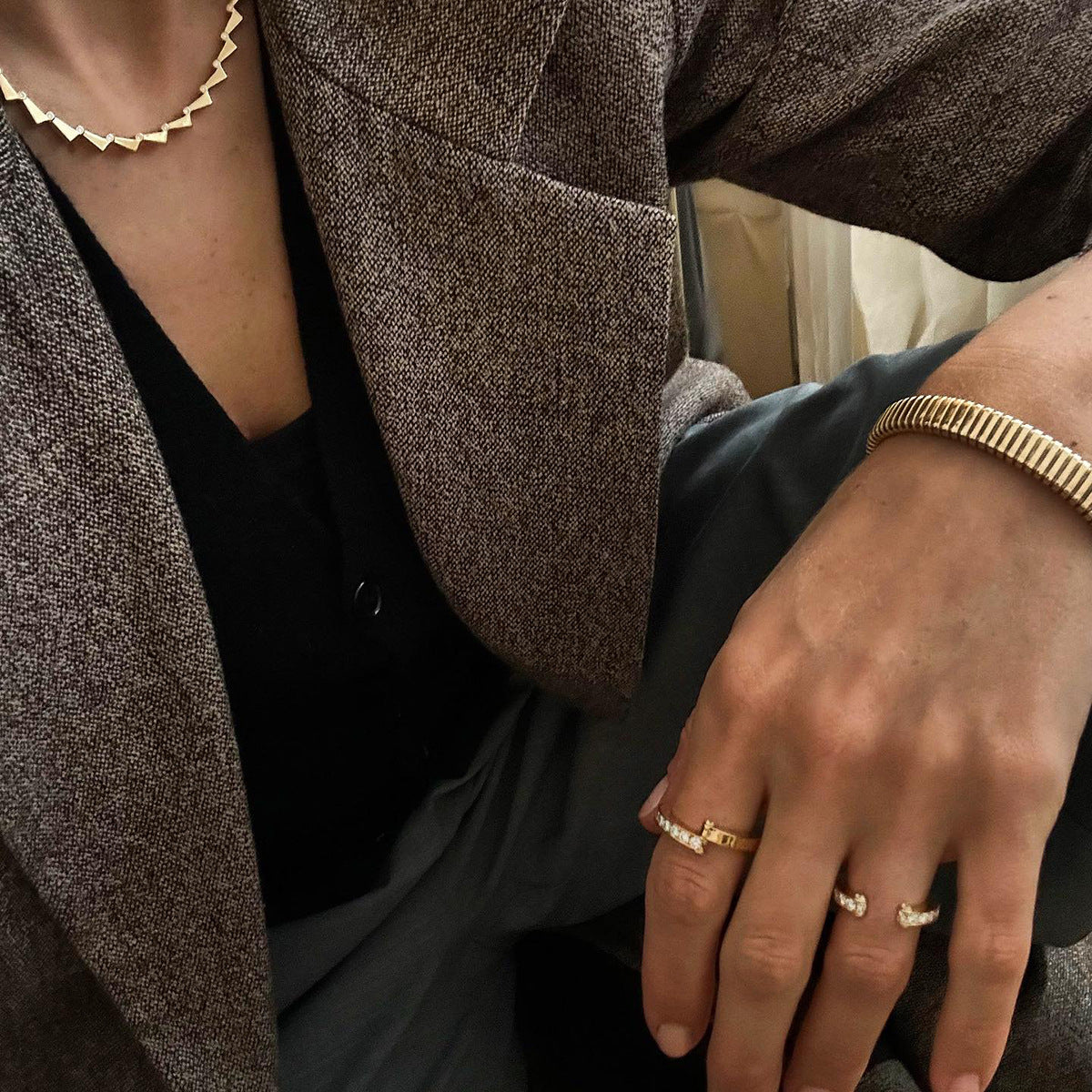 Minimalist 18K Gold Plated Stainless Steel Asymmetric Rhinestone Ring