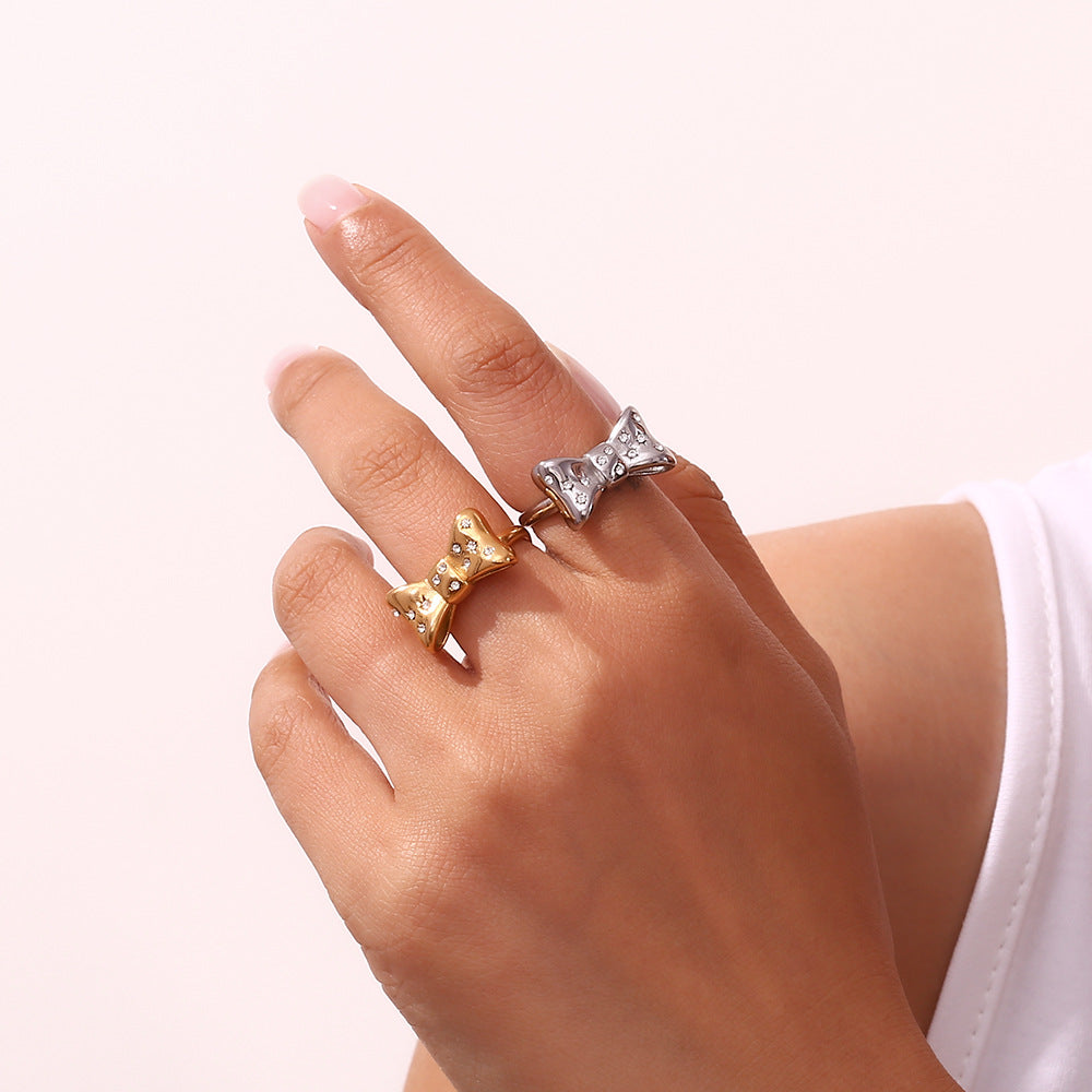 Minimalist Bow-Shaped Stainless Steel Ring with 18K Gold Plating for Women